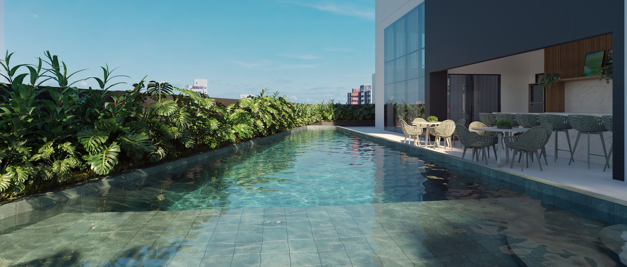 Piscina com deck molhado